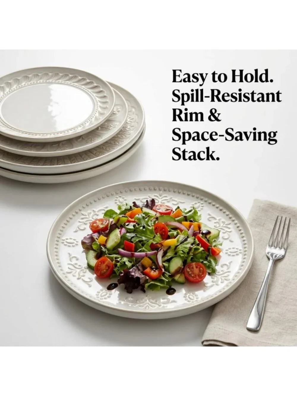 Set of 4 Large Embossed Ceramic Dinner Plates, 10.75 Inch, Dishwasher